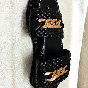 Guess Black Quilted Sandals with Gold Chain
